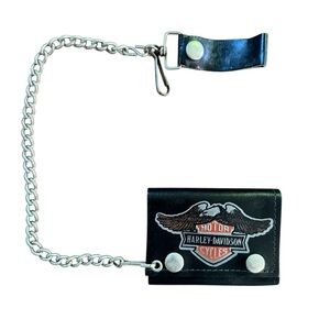 Vtg Harley Davidson Black Leather Chain Trifold Wallet Made In USA Biker Edgy